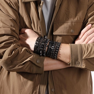 4-piece men's punk set featuring black leather rivet bracelets with cross elements