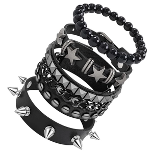 Men's Punk Leather Bracelet Set Gothic Studded Spike Metal Chain Beads Wrap Bangle Handmade Rock Jewelry Black Wristband