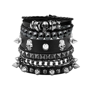 Heren Punk Schedel Leren Armband Set Retro Hip Hop Klinknagel Metalen Ketting Skull Biker Meerlaagse Verstelbare Hand Sieraden Zwart