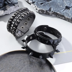 3-piece punk rock bracelet set with metal studs, spikes and chains in matte black finish