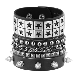 Men Retro Punk Leather Bracelet Gothic Rivet Spike Star Multi Layer Chain Wristband Rock Adjustable Fashion Handmade Jewelry