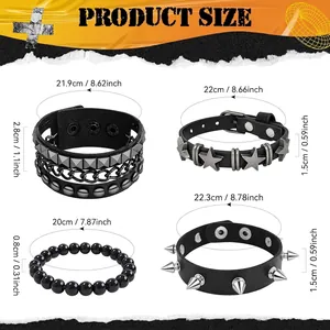4-piece punk chain bracelet set for men featuring leather, studs, and beads in black and silver