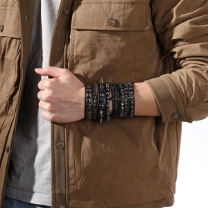 4-piece punk leather bracelet set with metallic crosses, rivets and black beads for men