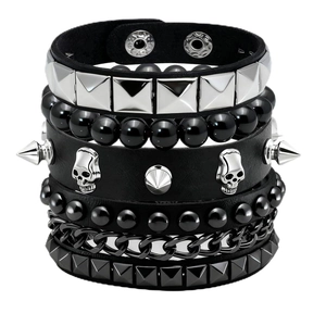 Men Punk Rock Multi Layer Leather Bracelet Skull Rivet Alloy Chain Bead Adjustable Hip Hop Biker Gothic Jewelry Accessory