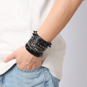 3-piece men's punk bracelet set with black leather, spikes and metallic chains