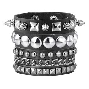 Punk Rock Leder Armband Set Für Herren Damen Besetzt Spikes Metallketten Verstellbar Handgefertigte Gothik Schmuck Armband