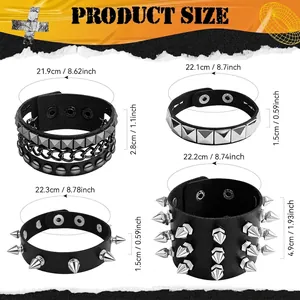 Set of 4 punk style black leather bracelets with metallic studs and chain size details