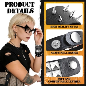 Men's punk multilayer leather bracelet with metal spikes and adjustable snap buttons