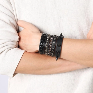 3-piece punk chain bracelet set for men with black leather bands and metal rivets