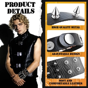 4Pcs punk rivet leather bracelet set for men with silver spikes and adjustable snaps
