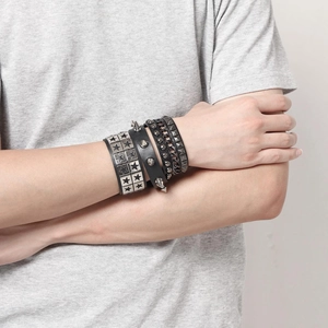 Punk style men's leather bracelet set with pentagram star and silver metal rivets