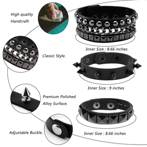3-piece punk rock black leather bracelet set with metallic studs and chain details