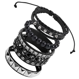 Men Punk Leather Bracelet Multilayer Studded Rivet Spike Cuff Braided Chain Bracelet Adjustable Hip Hop Gothic Rock Jewelry