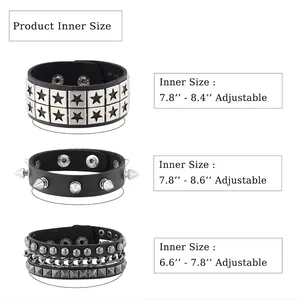 Men's punk leather bracelet set with pentagram, studs, and size chart overview