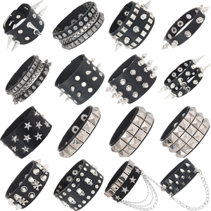 Punk Rock Men's Leather Bracelet Studded Spike Rivet Adjustable Wristband Gothic Hip Hop Jewelry Gothic Skull Cuff Bracelet