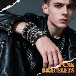 4-piece men's punk style bracelet set with leather studs and silver metal chains