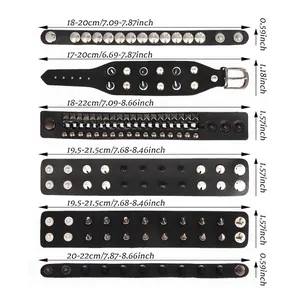 6-piece Gothic punk black PU leather bracelets with studs and spikes sizing chart