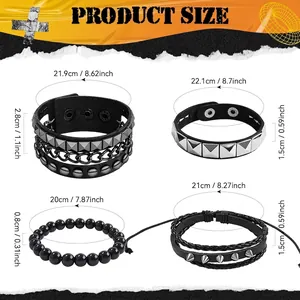 Size guide for a 4-piece punk bracelet set with leather studs and beaded chain links