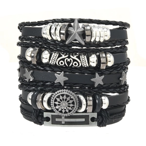 Punk style multi-layer braided leather bracelet set with metallic star and cross charms