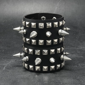 Gothic punk black PU leather bracelet set featuring silver metal spikes and pyramid studs