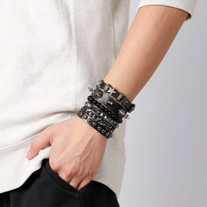 Men's punk multilayer leather bracelet set featuring metal stars and skull rivet details