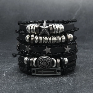 Punk Multilayer Leather Bracelet For Men Handmade Woven Cord Wristband With Alloy Cross Star Sun Charms Adjustable Vintage Jewelry