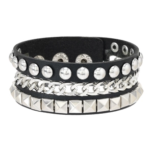 Punk style multilayer black leather bracelet with silver rivets and metal chain links