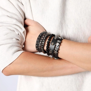 Punk leather bracelet set with metallic rivets and spikes for men and women