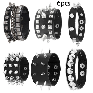 Detail view of 6pcs punk leather wristbands with metal spikes, studs and adjustable snaps