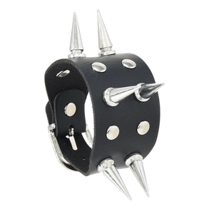 Punk rock black leather bracelet with silver metal spikes and adjustable buckle strap