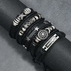Punk style multi-layer leather bracelet set with wing and star metal charms