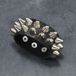 Punk rock black leather bracelet with silver metal spikes and adjustable snap buttons