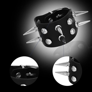 Punk gothic black leather bracelet with double row silver metal spikes and buckle detail
