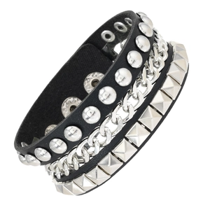 Punk Gothic Multi-Layer Black Leather Bracelet For Men Women With Metal Rivets Studs And Chain Adjustable Rock Wristband Jewelry