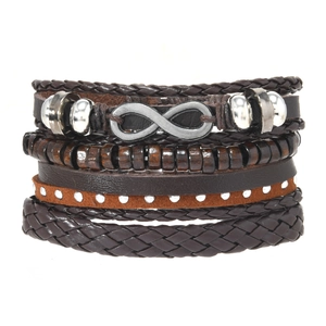 Retro multi-layer leather bracelet set for men featuring infinity charm and wooden beads