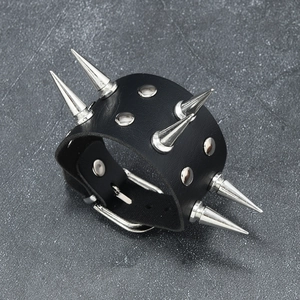 Men's black punk leather bracelet with silver spiked studs and adjustable metal buckle