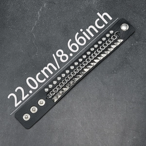 Multilayer punk leather bracelet with silver studs and metal chains, adjustable length