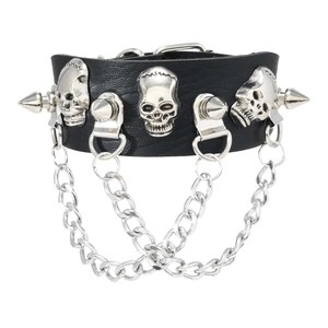 Punk PU leather bracelet with silver spikes, skull studs and hanging metal chains