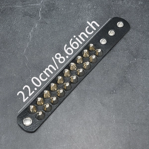 Punk style black leather bracelet with double-row silver metallic cone studs 22cm long