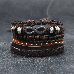 Men Vintage Multi-layer Leather Bracelet Infinity Symbol Wood Beads Handwoven Rivet Punk Wrap Bracelets For Men Women Jewelry