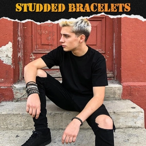 Men's punk style multi-layer bracelet set with black leather studs and hip hop beads