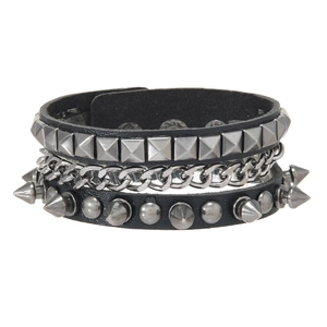 Black PU leather punk bracelet with multi-layer metal chains and pyramid rivet studs