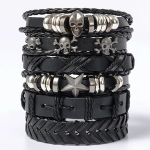 Men Punk Skull Leather Bracelets Braided Wax Cord Alloy Star Charms Retro Gothic Adjustable Jewelry