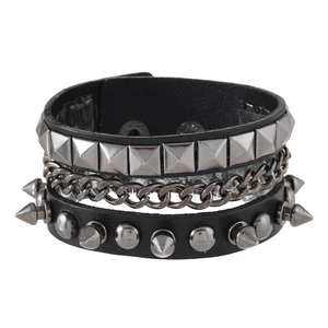 Punk style faux leather wristband with silver metal studs and heavy layered chain detail