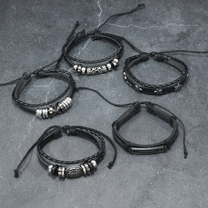 Punk style multi-layer leather bracelet set with wing and star charms for men and women