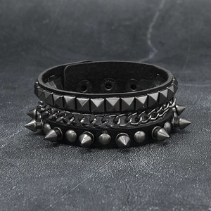 Men Punk Multi Layer Leather Bracelet Vintage Gothic Metal Chain Spiked Studded Cuff Bangle Adjustable Wristband Jewelry