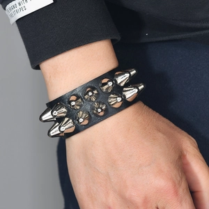 Punk black leather wristband with double-row silver metal spikes for men and women