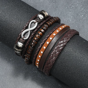 Multi-layer vintage brown leather bracelet set with infinity symbol and wooden beads