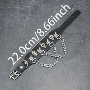 Adjustable punk PU leather wristband with silver skull, spikes, and layered chains