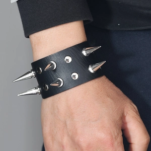 Men's black punk rock leather wristband with double rows of silver metal spikes